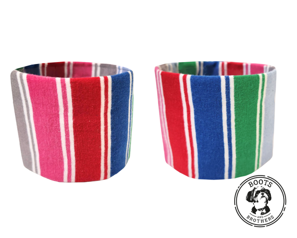 Two colorful rainbow striped good guys chucky cosplay pants cuffs with Boots and Brothers logo at the bottom right corner on a white background.