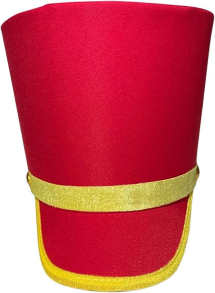 Front view of the Red Toy Soldier Drummer or Marching Band Hat Costume Accessory Featuring a structured red hat with a tall, rounded crown and a short curved brim, made from smooth fabric and accented with a gold band across the front, gold trim along the brim edge, and a small decorative button detail on the side for a classic toy soldier or marching band look.