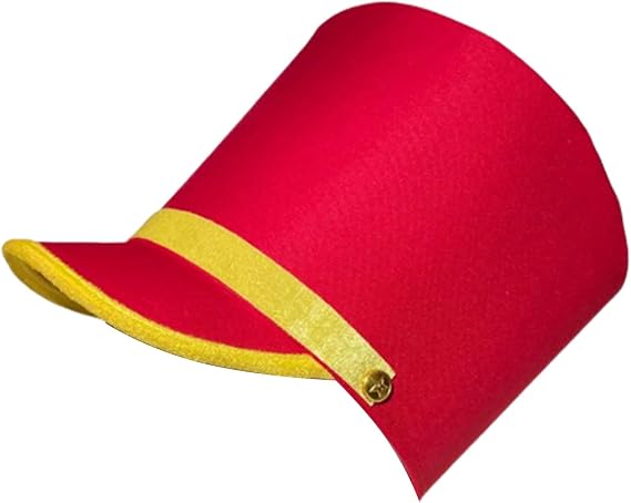 Side view of the red Toy Soldier Drummer or Marching Band Hat Costume Accessory Featuring a structured red hat with a tall, rounded crown and a short curved brim, made from smooth fabric and accented with a gold band across the front, gold trim along the brim edge, and a small decorative button detail on the side for a classic toy soldier or marching band look.