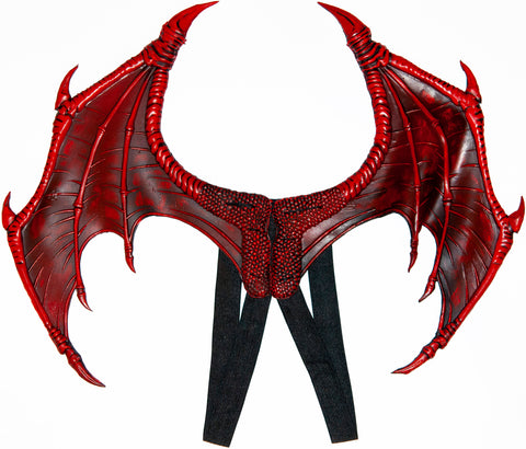 Red Medieval Fantasy Dragon Wings Costume Accessory
Features large ;wings in deep crimson red with scale-like textured detailing, a scalloped bat‑wing silhouette, and lightweight internal support that holds the dramatic shape, front view