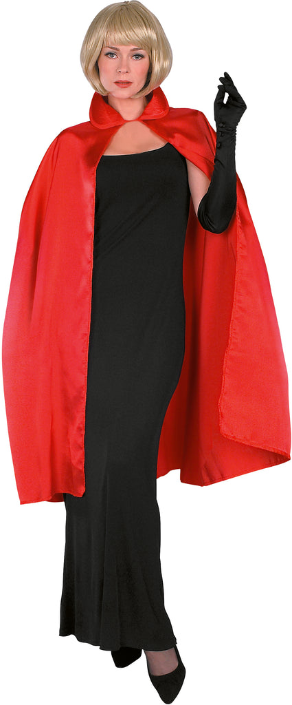 A woman wearing a Red Satin Cape Costume Accessory designed with a simple collared neckline and adjustable necktie closure, creating a dramatic drape that extends down the back over a black dress 