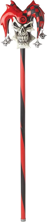 Red and Black Psycho Jester Skull Cane Costume Prop Accessory Featuring a 38-inch costume cane prop designed with a black shaft accented by a red spiral stripe, topped with a molded skull head in a bone-tone finish, and crowned with a dramatic red and black jester hat featuring pointed peaks, checkered pattern details, curled tips with small silver bells, and a central spiral emblem, constructed to break down into two pieces for easy storage and transport.