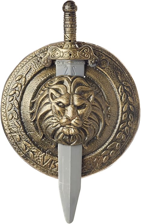 Roman Gladiator Combat Shield and Sword Costume Prop Weapon Set Featuring a round shield with a sculpted lion head medallion at the center, surrounded by an embossed decorative border in an antique gold-toned finish, and a sword with a silver-painted blade approximately 13 inches long and a 6-inch detailed haft and grip, designed to fit into slots behind the central lion emblem; shield includes a webbing arm strap on the back for secure handling.