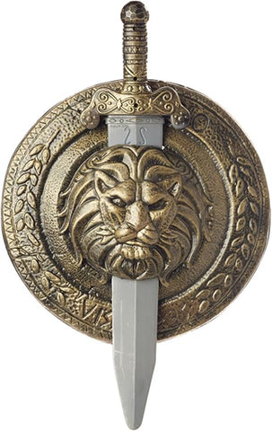 Roman Gladiator Combat Shield and Sword Costume Prop Weapon Set Featuring a round shield with a sculpted lion head medallion at the center, surrounded by an embossed decorative border in an antique gold-toned finish, and a sword with a silver-painted blade approximately 13 inches long and a 6-inch detailed haft and grip, designed to fit into slots behind the central lion emblem; shield includes a webbing arm strap on the back for secure handling.