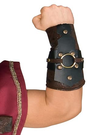 Roman Soldier Arm Guards which include a matching pair of wide forearm guards crafted in layered faux‑leather materials, designed in deep brown and dark charcoal tones for a rugged, battle‑ready appearance; each guard is detailed with gold‑tone round studs, circular ring accents at the center, and reinforced paneling that wraps fully around the forearm, creating a strong, armored silhouette inspired by ancient Roman soldier gear