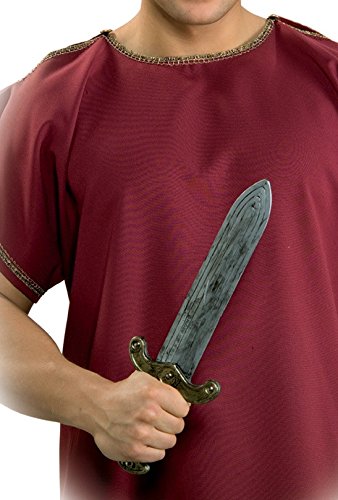 a classic short‑blade Roman gladius‑style design with a straight, silver‑toned blade molded with a subtle central ridge for definition; paired with an ornate gold‑tone hilt and guard molded with curved detailing, and finished with a dark handle grip for contrast; designed to reflect the traditional Roman soldier sidearm with a clean, compact, battle‑ready silhouette