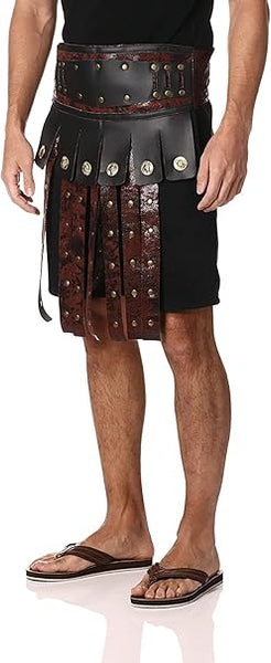 Front view of a man wearing the Roman or Greek Apron and Belt which features a wide brown faux‑leather belt with a structured, reinforced look, detailed with evenly spaced gold‑tone round studs ; attached to the belt is a layered apron composed of multiple vertical faux‑leather panels in deep brown and dark red tones, each panel accented with additional stud detailing and circular gold‑tone medallion ornaments, creating a classic ancient‑warrior silhouette that drapes over the front of the waist and thighs