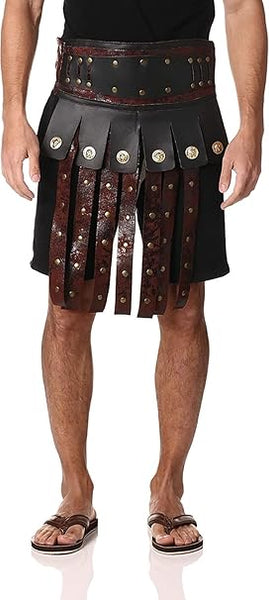 Front view of a man wearing the Roman or Greek Apron and Belt which features a wide brown faux‑leather belt with a structured, reinforced look, detailed with evenly spaced gold‑tone round studs ; attached to the belt is a layered apron composed of multiple vertical faux‑leather panels in deep brown and dark red tones, each panel accented with additional stud detailing and circular gold‑tone medallion ornaments, creating a classic ancient‑warrior silhouette that drapes over the front of the waist and thighs