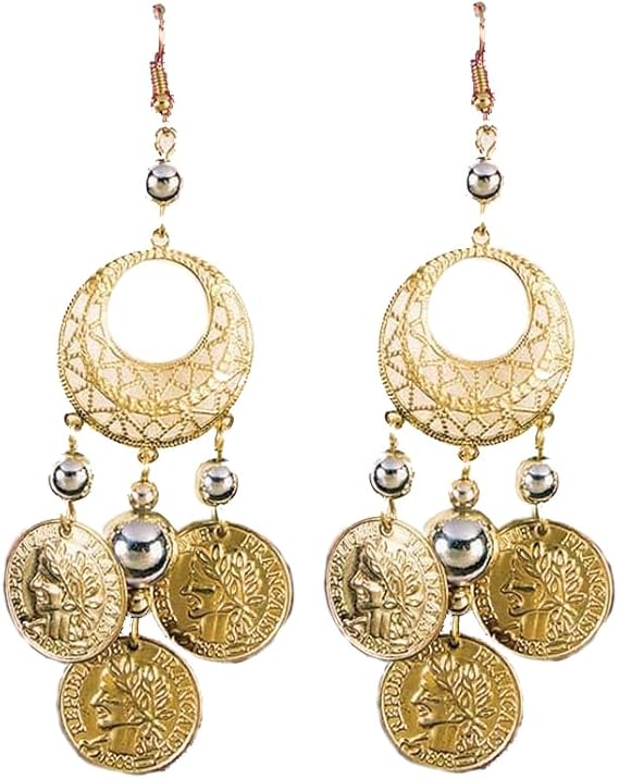 Roman or Greek Coin Earrings Costume Jewelry features a pair of gold‑tone drop earrings designed with an ornate circular filigree frame at the top, detailed with engraved patterns and openwork cutouts; finished with multiple dangling coin charms stamped with classical profile imagery, along with small silver‑tone bead accents that add contrast and movement. The earrings hang from decorative hook backs, creating a layered, swaying silhouette with every step