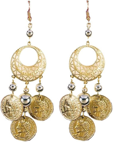 Roman or Greek Coin Earrings Costume Jewelry features a pair of gold‑tone drop earrings designed with an ornate circular filigree frame at the top, detailed with engraved patterns and openwork cutouts; finished with multiple dangling coin charms stamped with classical profile imagery, along with small silver‑tone bead accents that add contrast and movement. The earrings hang from decorative hook backs, creating a layered, swaying silhouette with every step