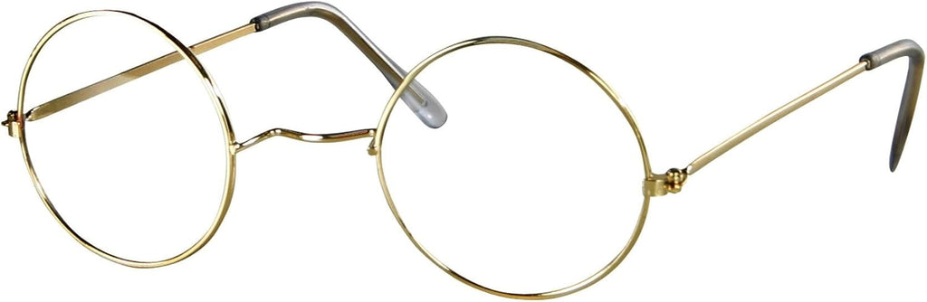 Round Mrs. Claus Granny Glasses Costume Accessory feature a pair of classic round eyeglasses with thin gold‑tone metal frames and clear lenses; designed with a delicate wire bridge, slim metal temples, and small clear nose pads that give the glasses a lightweight, vintage silhouette strongly associated with old‑fashioned and scholarly characters, Mrs. Claus, Harry Potters, granny, John Lennon and others!