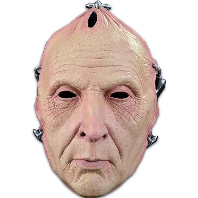 Saw Jigsaw Flesh Face Costume Mask, a latex mask with flesh details and real, solid metal fasteners sinched on the top and sides of the face, and elastic straps, front view