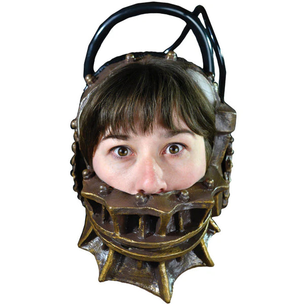 Saw Reverse Bear Trap Costume Mask of a screen-inspired sculpted latex mask with mechanical details, front view