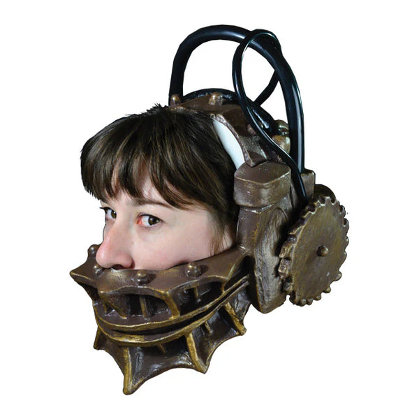 Saw Reverse Bear Trap Costume Mask of a screen-inspired sculpted latex mask with mechanical details, side view