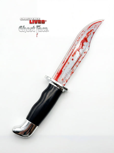Scream Deluxe Ghost Face Bleeding Knife Costume Prop Weapon featuring a clear plastic blade filled with red liquid that shifts and pools for a dynamic “bleeding” effect, paired with a textured black handle and silver‑tone guard for a classic slasher look. The moving red fluid creates a bold, dripping‑blood illusion, while the contrast between the sleek handle and vivid blade gives it a cinematic, eye‑catching finish