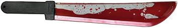 Scream Ghost Face Bleeding Machete Costume Prop Weapon features a molded plastic machete with a dark textured black handle and a translucent red blade filled with liquid, designed to simulate a “bleeding” effect as the prop is moved; the red fluid shifts and pools inside the blade, creating the illusion of fresh blood in motion