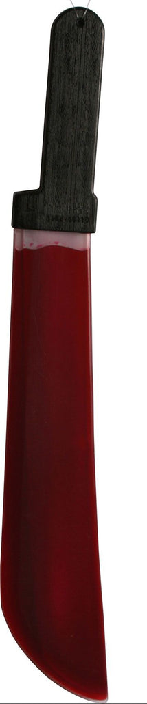 Scream Ghost Face Bleeding Machete Costume Prop Weapon features a molded plastic machete with a dark textured black handle and a translucent red blade filled with liquid, designed to simulate a “bleeding” effect as the prop is moved; the red fluid shifts and pools inside the blade, creating the illusion of fresh blood in motion