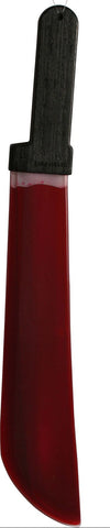 Scream Ghost Face Bleeding Machete Costume Prop Weapon features a molded plastic machete with a dark textured black handle and a translucent red blade filled with liquid, designed to simulate a “bleeding” effect as the prop is moved; the red fluid shifts and pools inside the blade, creating the illusion of fresh blood in motion