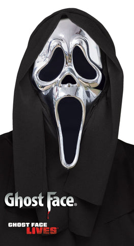 Scream Ghost Face Chrome Metallic Costume Mask features a molded full‑face mask finished in a high‑shine chrome silver metallic coating, creating a mirror‑like reflective surface across the entire face; designed with the iconic elongated Ghost Face expression, including deep hollow eye openings and an exaggerated open mouth. The mask is attached to a flowing black hooded fabric drape that frames the face and extends over the shoulders, preserving the classic slasher silhouette with a modern, polished twist