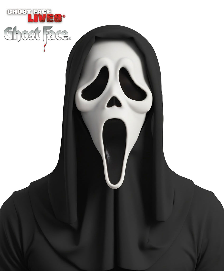 Scream Ghost Face Costume Mask with Shroud featuring the classic molded white Ghost Face mask with smooth contours, elongated drooping eye sockets, and a wide-open scream‑style mouth; finished with an attached full black fabric shroud that drapes over the head, shoulders, and upper body, creating a seamless, shadowed silhouette synonymous with the iconic slasher look
