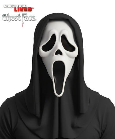 Scream Ghost Face Costume Mask with Shroud featuring the classic molded white Ghost Face mask with smooth contours, elongated drooping eye sockets, and a wide-open scream‑style mouth; finished with an attached full black fabric shroud that drapes over the head, shoulders, and upper body, creating a seamless, shadowed silhouette synonymous with the iconic slasher look