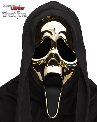 Scream Ghost Face Golden Metallic Costume Mask featuring a molded full‑face mask finished in a high‑shine gold metallic coating that creates a reflective, mirror‑like surface across the iconic Ghost Face expression; designed with elongated drooping eye openings, a stretched scream‑style mouth, and smooth sculpted contours. The mask is paired with an attached black hooded fabric shroud that drapes over the head and shoulders, forming a bold contrast that enhances the silhouette