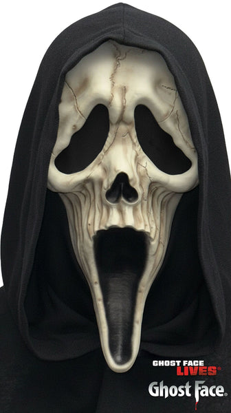 Scream Ghost Face Reaper Costume Mask featuring a molded full‑face mask designed with a distressed bone‑colored finish, sculpted with deep hollow eye sockets and an elongated, open “scream” mouth shape; detailed with subtle crack‑like markings for an aged, eerie appearance. The mask is attached to a flowing black hooded fabric drape that frames the face and extends over the shoulders, creating a dark, reaper‑style silhouette inspired by the Ghost Face legacy