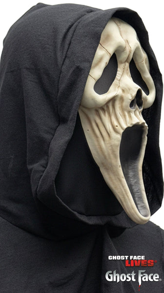 Scream Ghost Face Reaper Costume Mask featuring a molded full‑face mask designed with a distressed bone‑colored finish, sculpted with deep hollow eye sockets and an elongated, open “scream” mouth shape; detailed with subtle crack‑like markings for an aged, eerie appearance. The mask is attached to a flowing black hooded fabric drape that frames the face and extends over the shoulders, creating a dark, reaper‑style silhouette inspired by the Ghost Face legacy