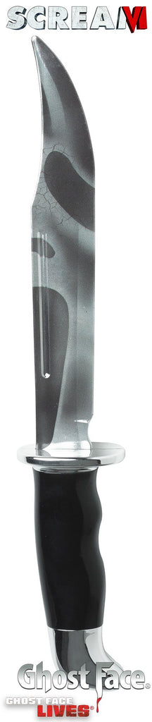 Scream Ghost Face Reflection Knife Costume Prop Weapon a plastic knife prop designed with a metallic chrome finished blade and a sleek black handle; the blade is uniquely screen-printed with a Ghost Face reflection graphic, creating the illusion of the iconic mask appearing within the knife’s surface. Finished with a rounded silver guard and slightly curved blade shape, the design recreates the signature slasher‑film silhouette while adding a visually striking twist