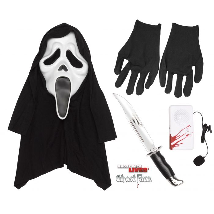 Scream Ghost Face Slayer Costume Accessory and Voice Changer Kit includes a complete set of coordinated accessories including a classic Ghost Face mask with attached black hood, a pair of black stretch gloves, a molded plastic knife prop with a silver‑tone blade and black handle, and a compact voice changer unit with attached microphone to recreate the iconic distorted Ghost Face voice