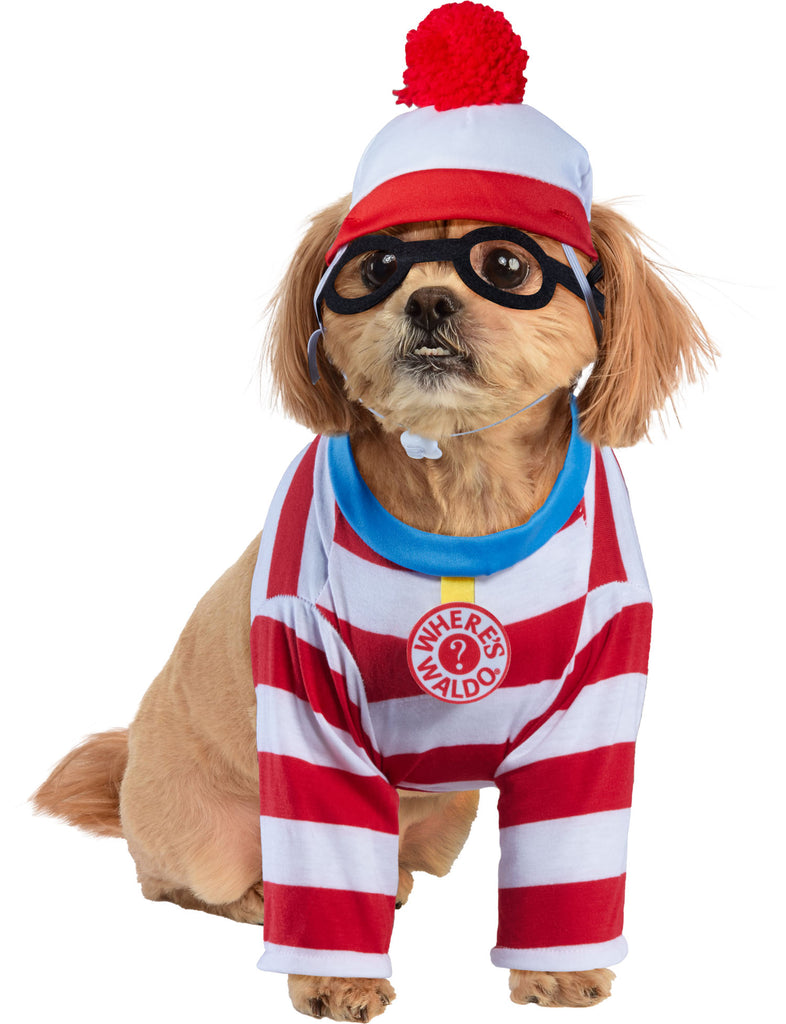 Shih Tzu wearing the Pets Where's Waldo costume featuring a classic red‑and‑white striped long‑sleeve jumpsuit styled to mimic Waldo’s iconic outfit, finished with a bright white collar and a circular chest badge printed with “Where’s Waldo?” in bold lettering; includes a coordinating red‑and‑white striped knit hat with a fluffy red pom‑pom on top and a pair of oversized black round glasses, completing the instantly recognizable look from head to toe