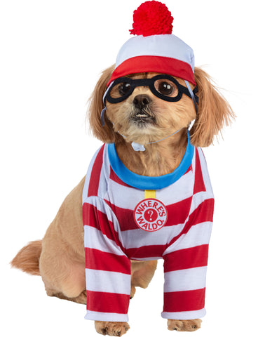 Shih Tzu wearing the Pets Where's Waldo costume featuring a classic red‑and‑white striped long‑sleeve jumpsuit styled to mimic Waldo’s iconic outfit, finished with a bright white collar and a circular chest badge printed with “Where’s Waldo?” in bold lettering; includes a coordinating red‑and‑white striped knit hat with a fluffy red pom‑pom on top and a pair of oversized black round glasses, completing the instantly recognizable look from head to toe