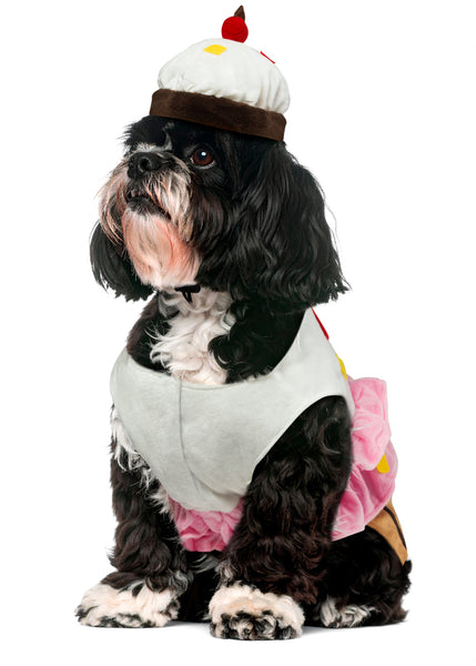 Shih Tzu wearing the Pets Cute Cupcake Costume featuring a sweet, dessert‑inspired two‑piece outfit with a soft plush body designed to resemble a cupcake base in rich golden‑brown tones with vertical liner striping; topped with a layered “frosting” section made from fluffy white and pink fabric, decorated with colorful sprinkle accents in red, yellow, blue, and green. The look is completed with a matching cupcake headpiece topped with a red pom‑pom cherry detail, adding the perfect finishing touch