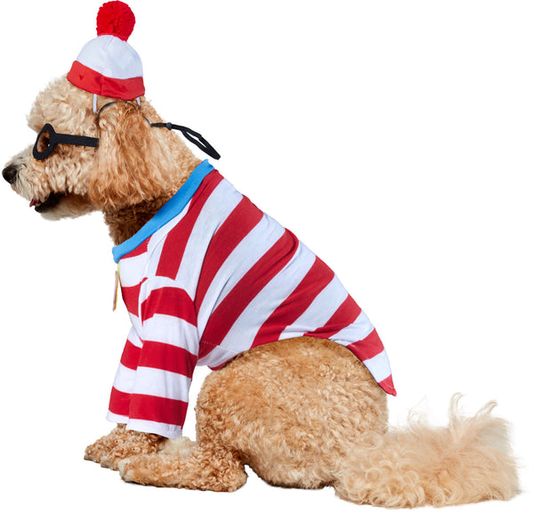 Side view of a Poodle wearing the Pets Where's Waldo costume featuring a classic red‑and‑white striped long‑sleeve jumpsuit styled to mimic Waldo’s iconic outfit, finished with a bright white collar and a circular chest badge printed with “Where’s Waldo?” in bold lettering; includes a coordinating red‑and‑white striped knit hat with a fluffy red pom‑pom on top and a pair of oversized black round glasses, completing the instantly recognizable look from head to toe