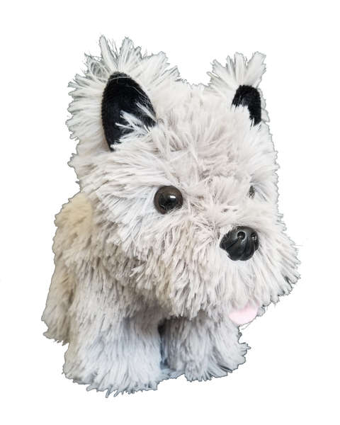 Side view of a plush West Highland terrier dog toy with shaggy light gray fur, black ears, and a pink tongue