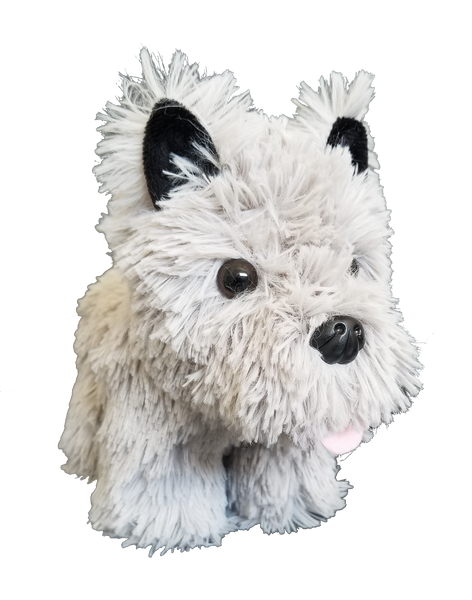 Boots and Brothers Puppy in a Basket featuring a plush West Highland terrier plush toy with light gray fur, black ears, and a pink tongue, side view