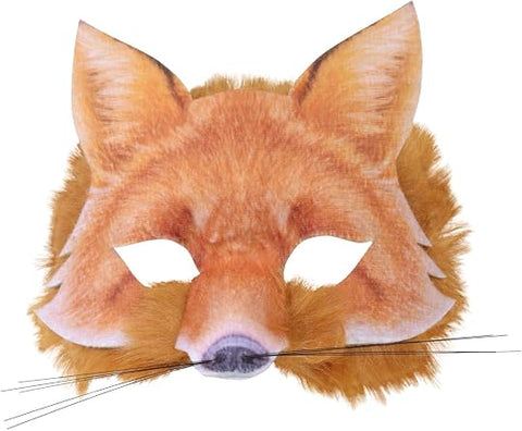 Sly Fox Half Mask Costume Mask Featuring a molded half mask designed to resemble a fox face, with a warm orange and white printed fur pattern, sculpted facial contours, pointed upright ears, cut-out eye openings, a small printed nose detail, and soft faux fur trim along the cheeks and edges for added texture and dimension.