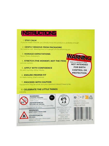 Back of Small Pecker Novelty Condoms Featuring a brightly colored novelty gag gift package with three miniature NOVELTY condoms secured to the front of the card. The packaging includes humorous, printed instructions.