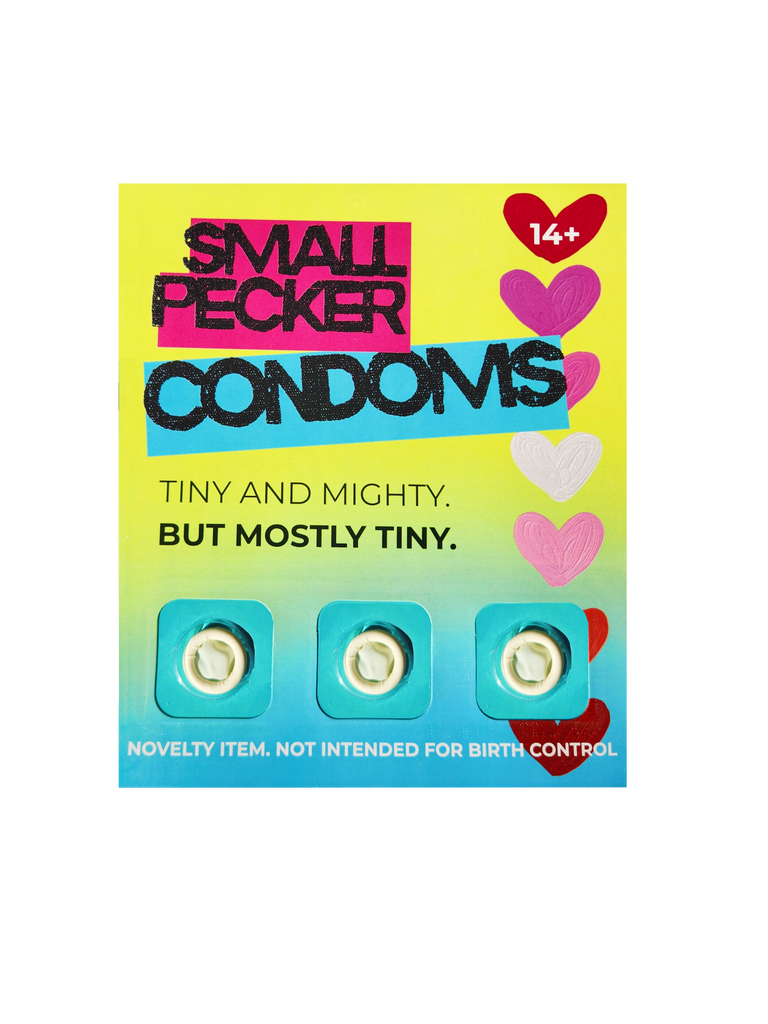 Front of Small Pecker Novelty Condoms Featuring a brightly colored novelty gag gift package with three miniature NOVELTY condoms secured to the front of the card. The packaging includes humorous, printed instructions.