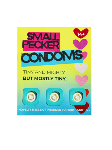 Front of Small Pecker Novelty Condoms Featuring a brightly colored novelty gag gift package with three miniature NOVELTY condoms secured to the front of the card. The packaging includes humorous, printed instructions.