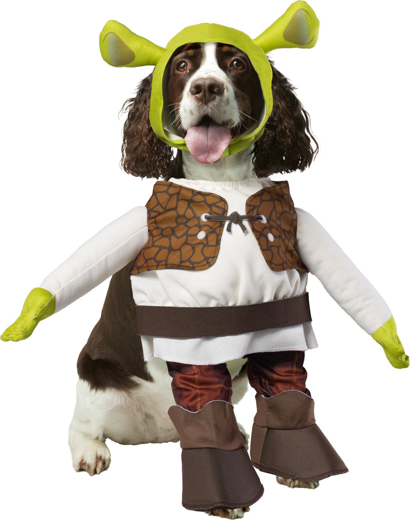 Spaniel wearing the Pets Shrek Costume featuring a full‑body outfit styled to recreate Shrek’s iconic look with a soft white tunic base and a printed brown vest panel across the chest, accented with lace‑up detailing at the front; the costume includes attached long sleeves with green ogre hands at the ends for a playful illusion, along with matching padded leg coverings and brown boot‑style cuffs. The look is completed with a green Shrek hood featuring the signature rounded ogre ears