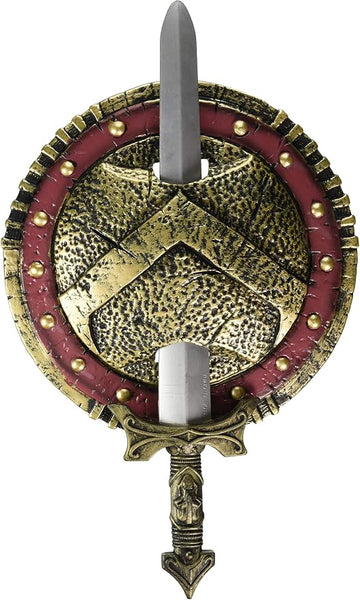 Spartan Warrior Combat Shield and Sword Costume Prop Weapon Set Featuring a round shield with a textured, hammered-metal appearance in gold and black tones, accented by a red outer ring with raised gold studs, and a central triangular emblem design, paired with a molded sword that fits vertically through the center, including a silver-toned blade and a detailed hilt with gold accents; the back of the shield includes attached black straps for holding and securing the set.