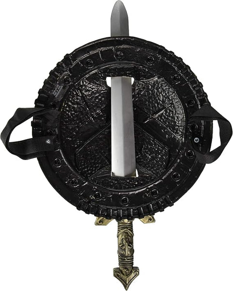 Back of Spartan Warrior Combat Shield and Sword Costume Prop Weapon Set Featuring a round shield with a textured, hammered-metal appearance in gold and black tones, accented by a red outer ring with raised gold studs, and a central triangular emblem design, paired with a molded sword that fits vertically through the center, including a silver-toned blade and a detailed hilt with gold accents; the back of the shield includes attached black straps for holding and securing the set.