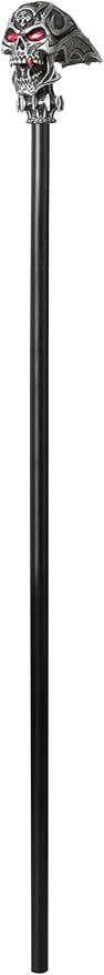 Steampunk Vampire Skull Cane Costume Prop Accessory Featuring a black cane with a smooth cylindrical shaft and a detailed skull-shaped handle in metallic gray tones, designed with mechanical and steampunk-inspired elements including engraved patterns, wing-like side panels, exposed gear-style accents, and bright red eyes set into the skull for a dramatic focal point.