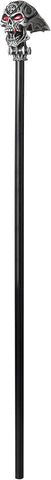Steampunk Vampire Skull Cane Costume Prop Accessory Featuring a black cane with a smooth cylindrical shaft and a detailed skull-shaped handle in metallic gray tones, designed with mechanical and steampunk-inspired elements including engraved patterns, wing-like side panels, exposed gear-style accents, and bright red eyes set into the skull for a dramatic focal point.