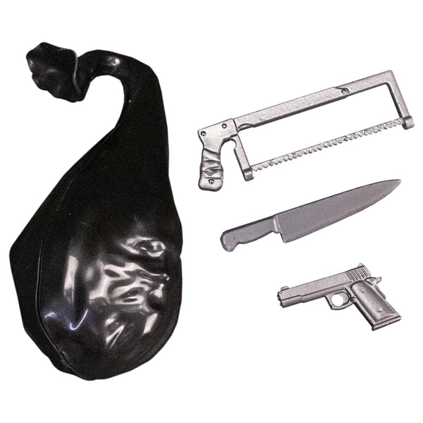 Terrifier Art the Clown 5" Collector's Action Figure Collectible included accessories of black trash bag of terror, hacksaw, knife, and gun