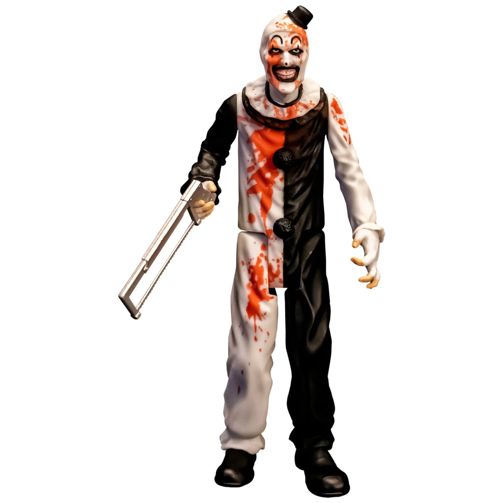 Terrifier Art the Clown 5" Collector's Action Figure Collectible with blood stains and holding a hacksaw