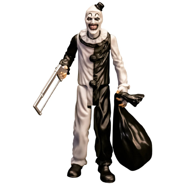 Terrifier Art the Clown 5" Collector's Action Figure Collectible holding a hacksaw and a black trash bag of terror