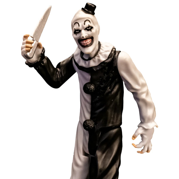 Terrifier Art the Clown 5" Collector's Action Figure Collectible wielding a knife close up view