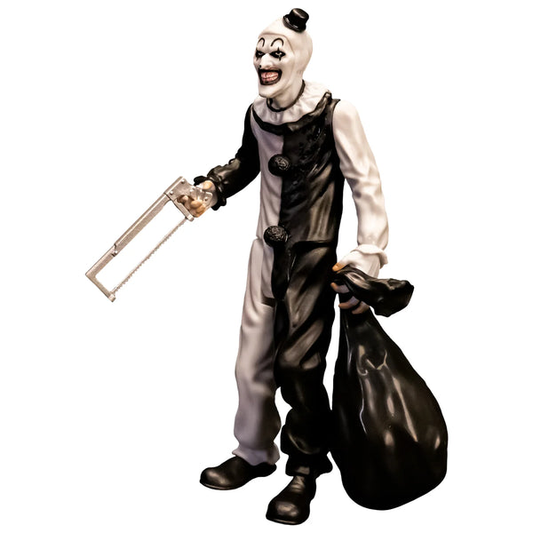 Terrifier Art the Clown 5" Collector's Action Figure Collectible holding a hacksaw and a black trash bag of terror left side view